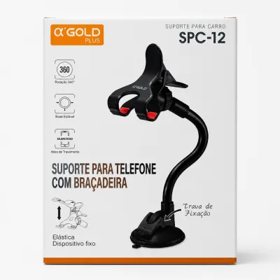 Suporte para telefone α GOLD PLUS SPC-12, rotativo 360 graus, com braçadeira fixa, ideal para carro