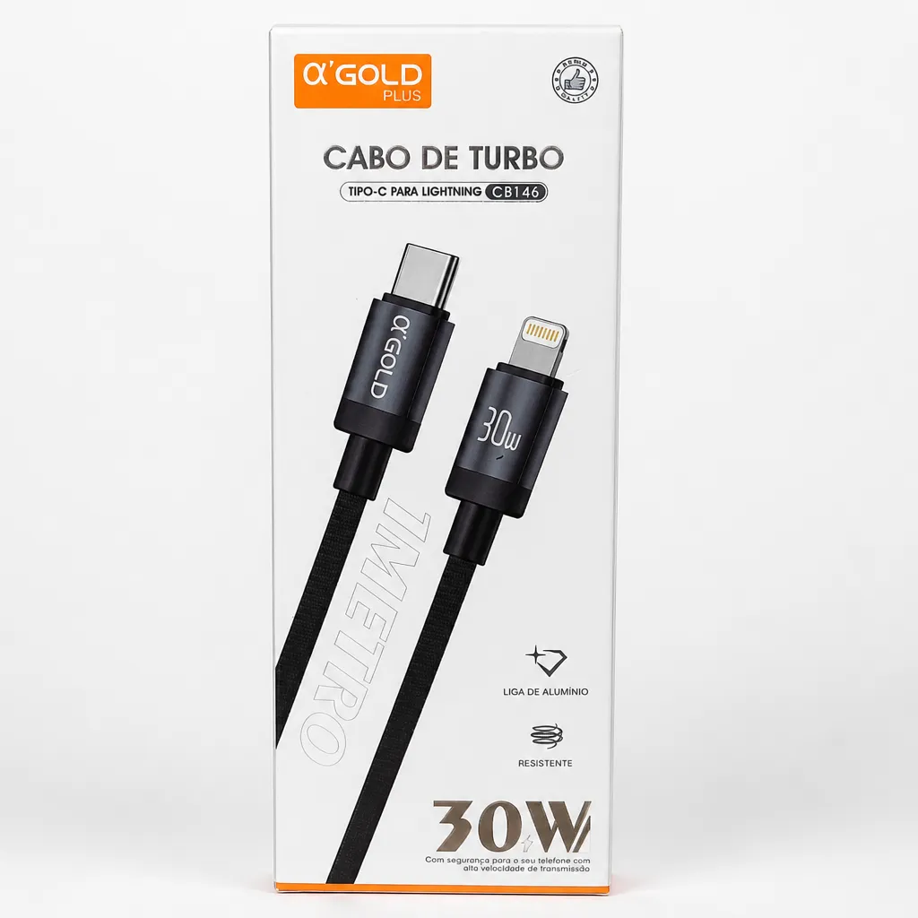 Cabo de dados αGOLD Plus 30W Type-C para Lightning, CB114, material de alumínio