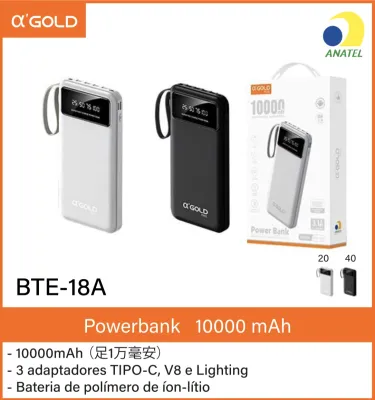 Powerbank αGOLD 10000mAh BTE-18A, compatível com TYPE-C, V8 e Lighting, bateria de polímero