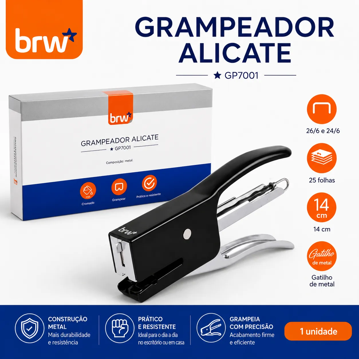 Grampeador de metal BRW GP7001, compatível com grampos 26/24, 14 cm, design durável, ideal para escritório