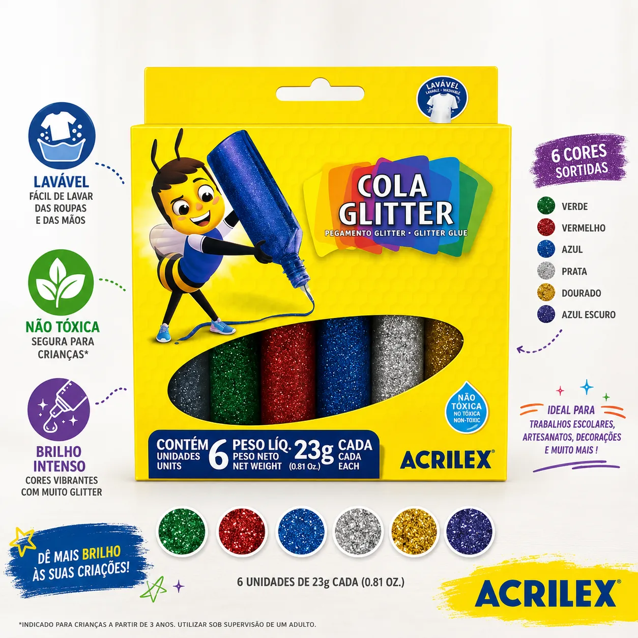 Conjunto de Cola Glitter Acrilex, 6 cores (23g cada), não tóxica, ideal para artesanato infantil