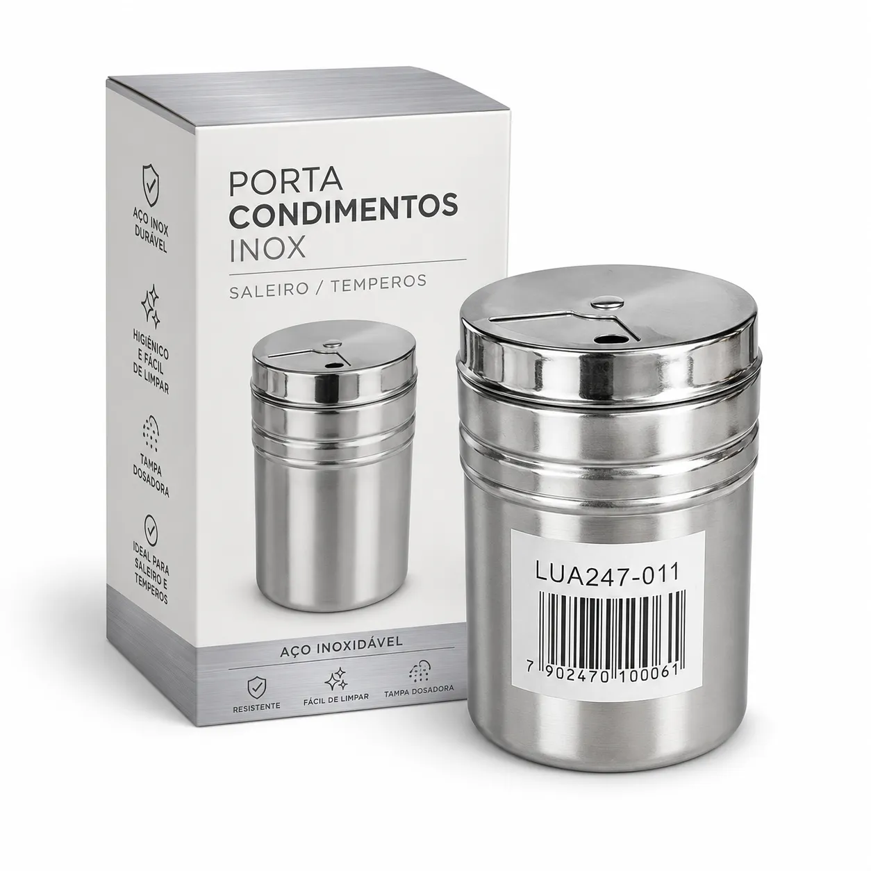 Pote de tempero em aço inox, com tampa, capacidade média, ideal para cozinha