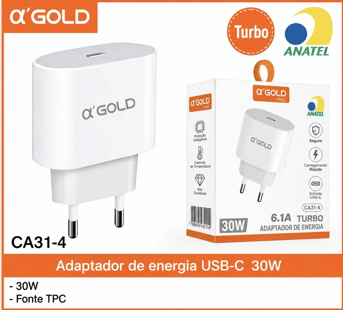 Adaptador de energia USB-C α'GOLD 30W CA31-4, suporte para carregamento rápido, compatível com vários dispositivos