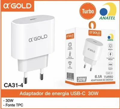 Adaptador de energia USB-C α'GOLD 30W CA31-4, suporte para carregamento rápido, compatível com vários dispositivos