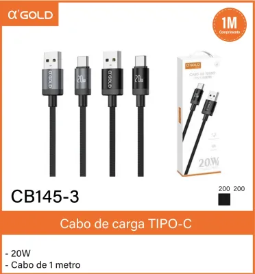 Cabo de carga TIPO-C α-GOLD 1 metro 20W, ideal para carregamento rápido, preto