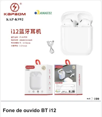 Fone de ouvido Bluetooth KAPBOM i12, 30h de bateria, branco, compatível com vários dispositivos