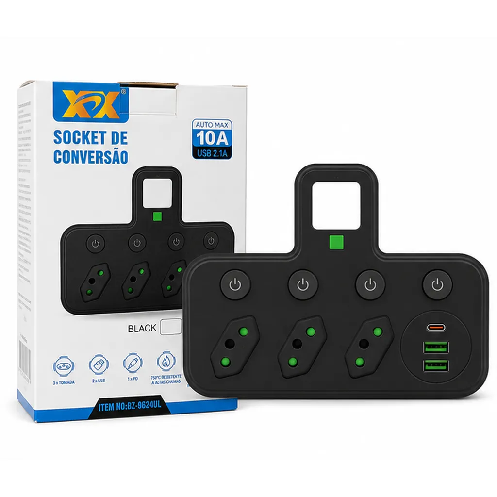 XCX adaptador de tomada, preto, 10A, com 2 portas USB, 3 tomadas e interruptor individual.