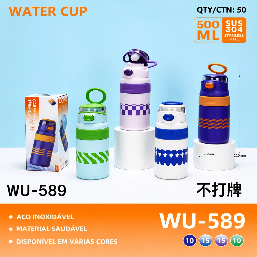 Copo de aço inoxidável 500ml, modelo wu-589, disponível em várias cores