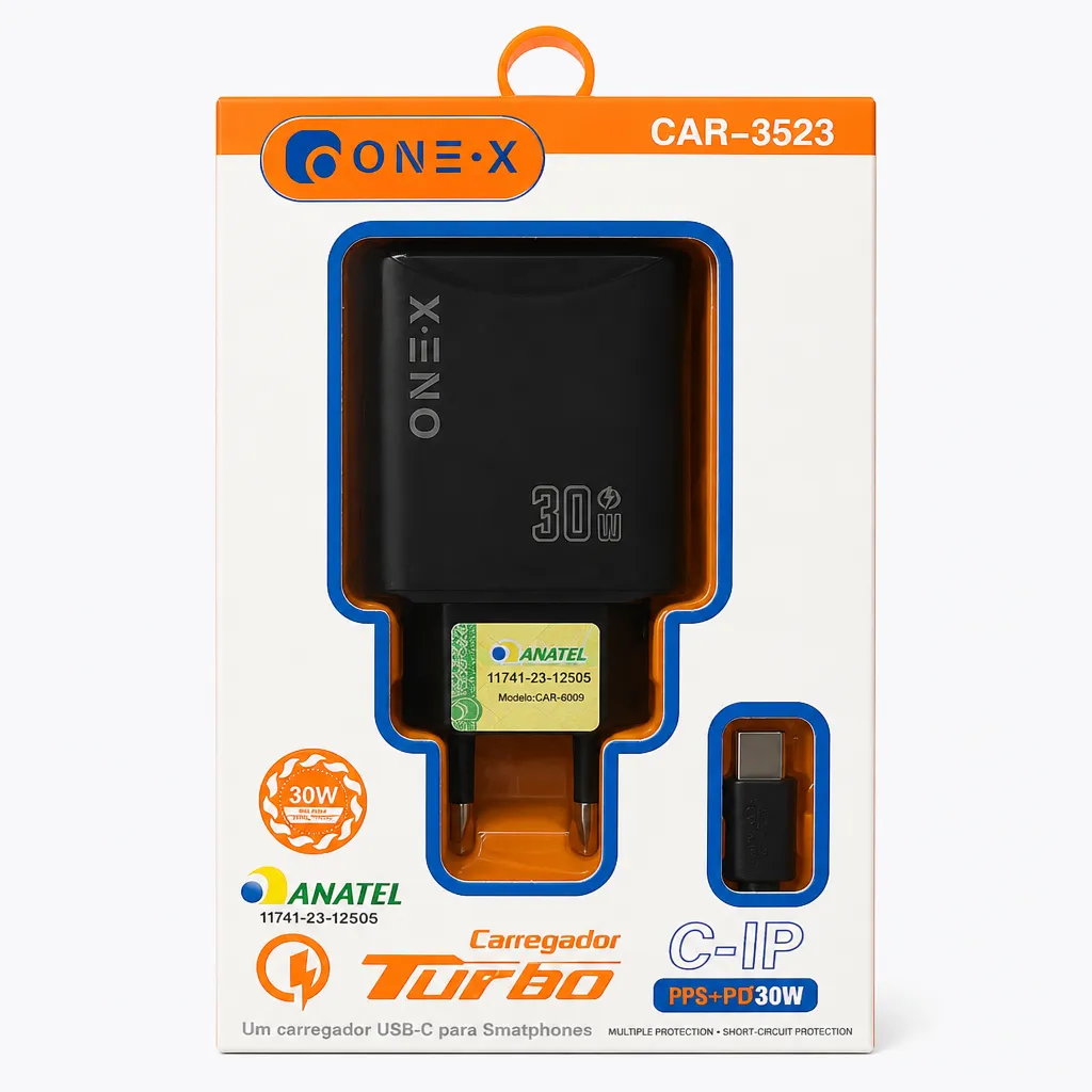 Carregador de carro ONE-X CAR-3523, 30W carregamento rápido, interface C-IP, compatível com vários dispositivos