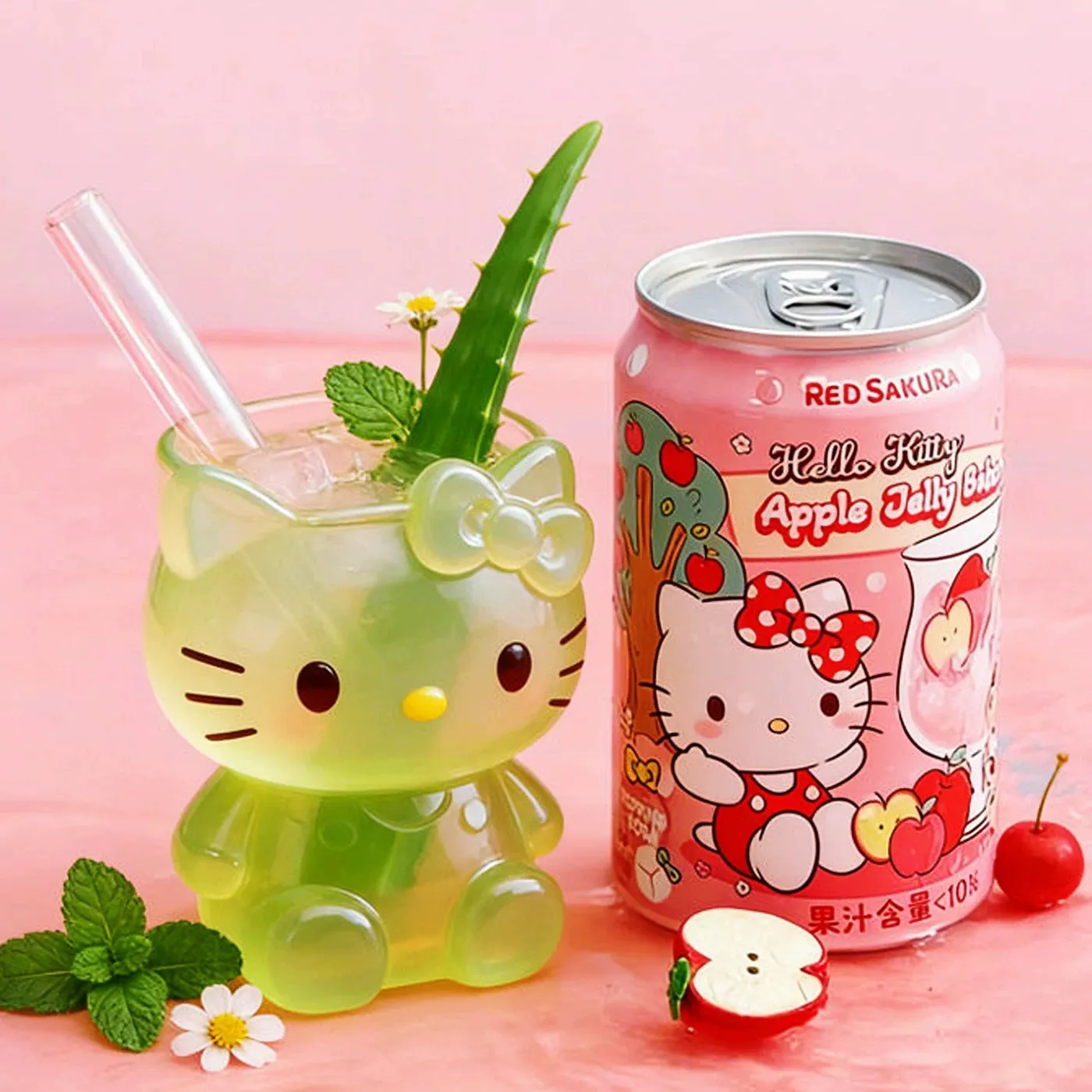 Sanrio Hello Kitty copo com suco de maçã e aloe vera com pérolas