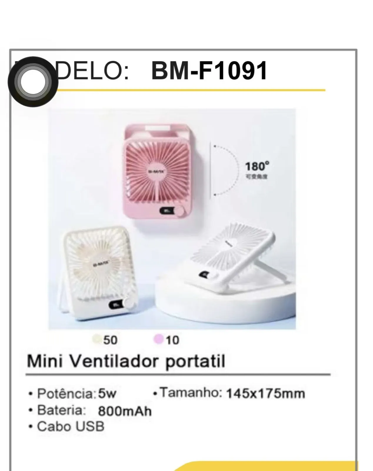 Ventilador portátil mini BM-F1091, potência de 5W, bateria de 800mAh, carregamento USB, ajuste de 180 graus, disponível em rosa e branco