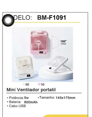 Ventilador portátil mini BM-F1091, potência de 5W, bateria de 800mAh, carregamento USB, ajuste de 180 graus, disponível em rosa e branco