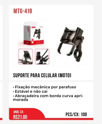 Suporte para celular MTG-418 (moto), fixação mecânica, estável e durável, design de braçadeira curva