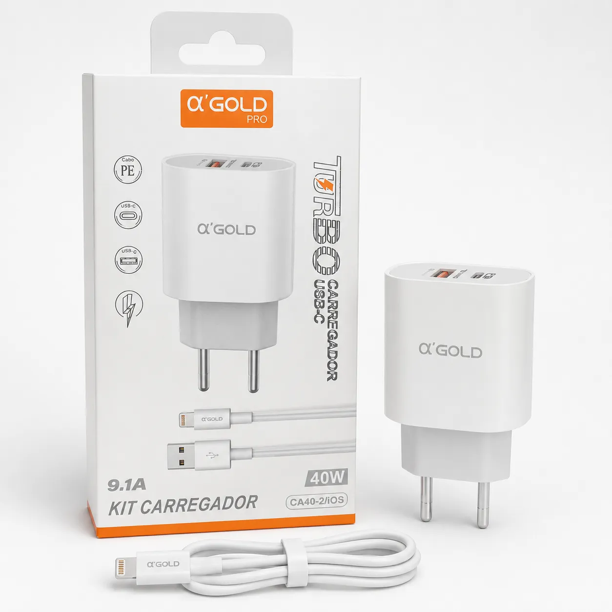 Carregador rápido α'GOLD PRO 9.1A Kit CA40-2iOS, 40W, USB-C