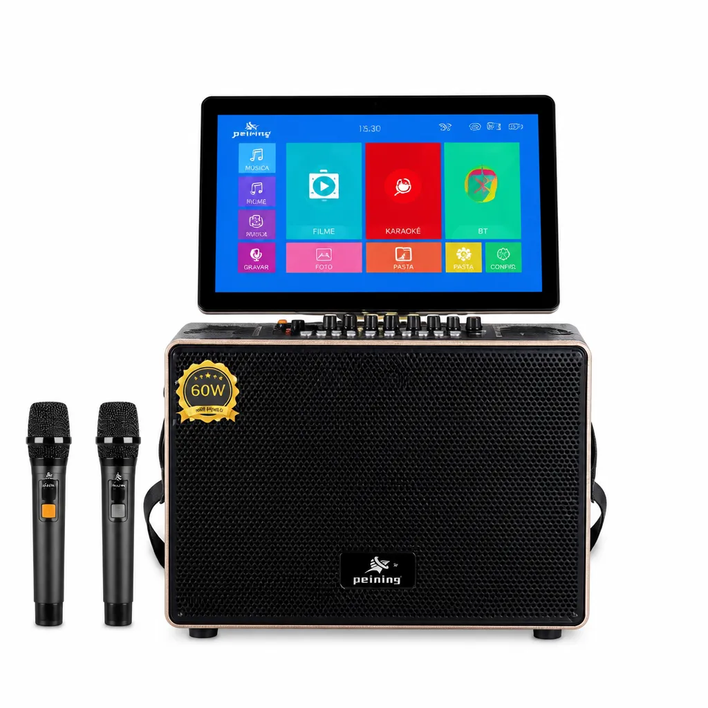 Caixa de som karaoke PEI-VKS03, 60W, com 2 microfones, Bluetooth, múltiplos modos
