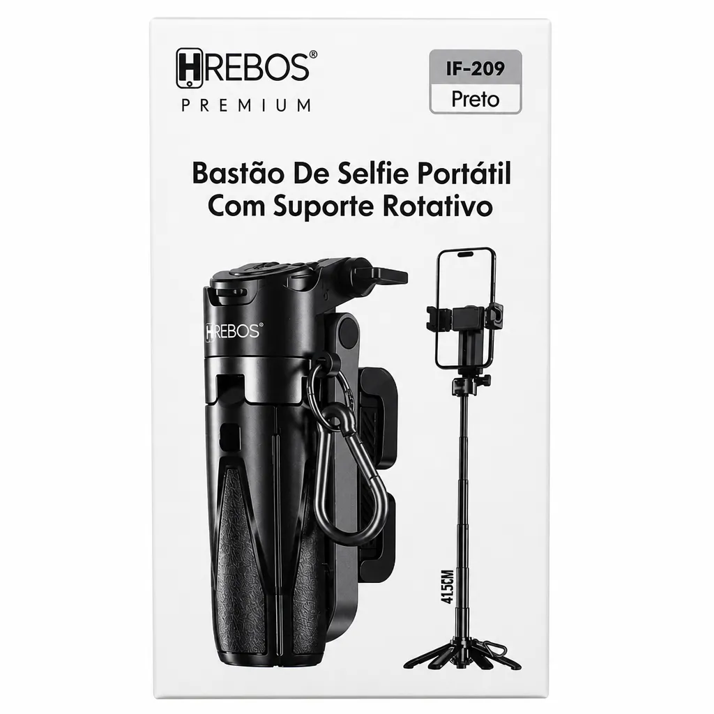 Bastão de Selfie Portátil REBOS IF-209 Preto, com Suporte Rotativo