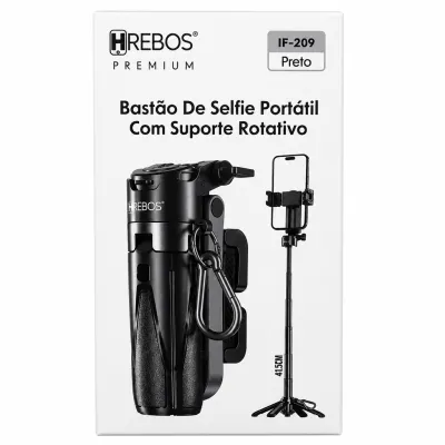 Bastão de Selfie Portátil REBOS IF-209 Preto, com Suporte Rotativo