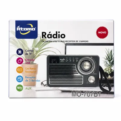 Rádio Atomom MO-707BT de 3 bandas, suporte USB, cartão TF, AUX, design portátil