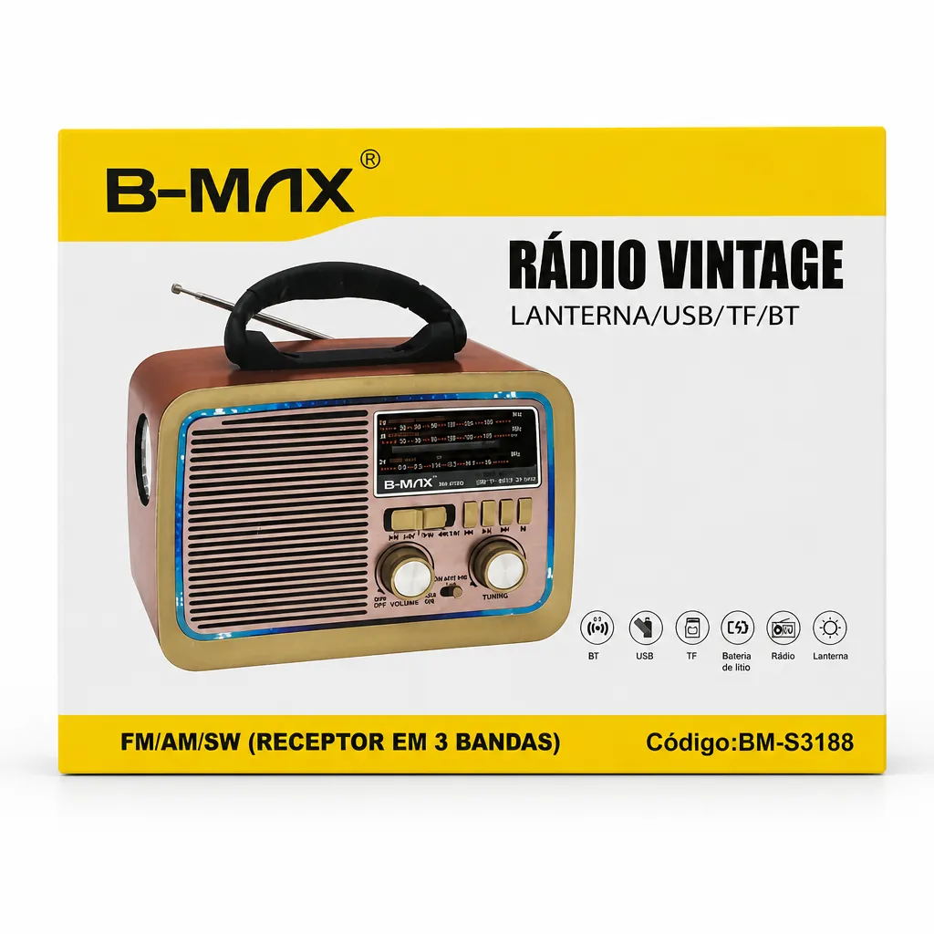 Rádio Vintage B-MAX, FM/AM/SW em 3 bandas, com USB/TF/Bluetooth e lanterna embutida