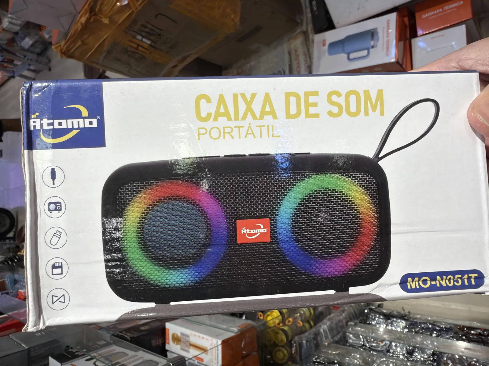 Caixa de som portátil Atomom com luzes LED coloridas, modelo MIO-N05TT