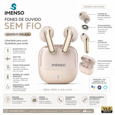 Fones de ouvido sem fio IMENSO IMS-818, V6.0, design elegante, confortável de usar