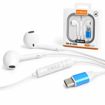 Fone de ouvido αGOLD com conector Type-C, compatível com celulares, som claro e confortável de usar