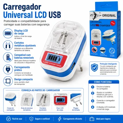Carregador USB LCD universal original, compatível com vários celulares, seguro e eficiente, design portátil