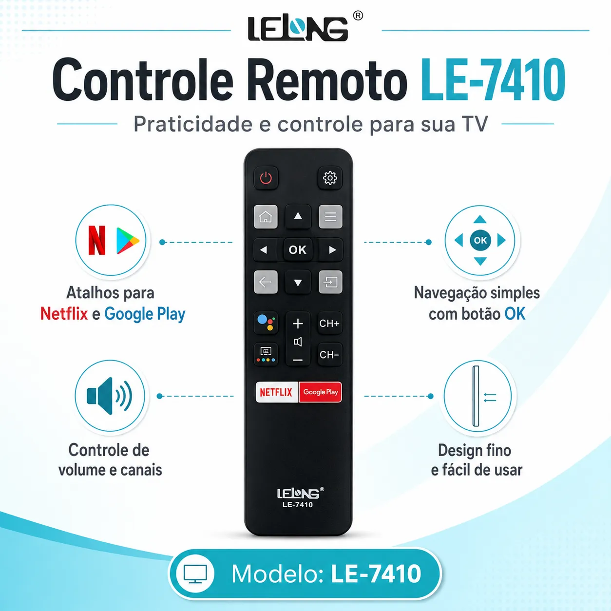 LELONG LE-7410 TCL 遥控器,兼容多种设备,带Netflix快捷键,黑色