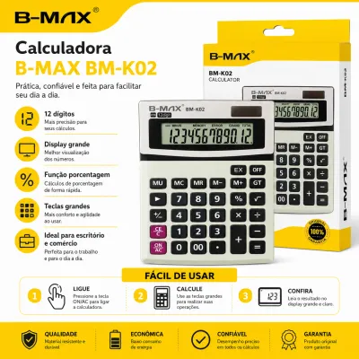 Calculadora B-MAX BM-K02 com 12 dígitos e grande display, ideal para estudantes e escritório