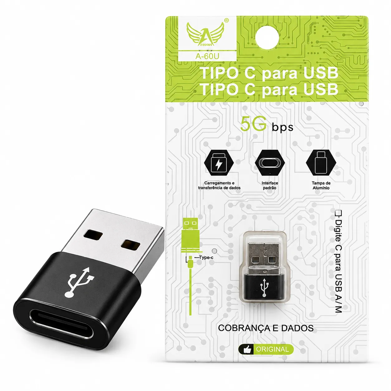Adaptador USB-C para USB, ideal para transferência de dados, marca: A60U