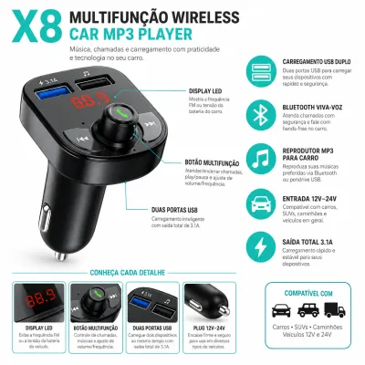 X8 Reprodutor MP3 Veicular Sem Fio Multifuncional, Carregador USB Duplo, 12V-24V, 3.1A