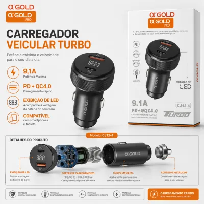 Carregador de carro α GOLD PRO 9.1A PD+QC4.0 com display LED