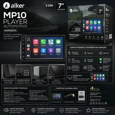 Reprodutor Automotivo Aiker MP10 de 7 polegadas, 2 DIN, caixa de som Bluetooth, suporte para navegação e multimídia