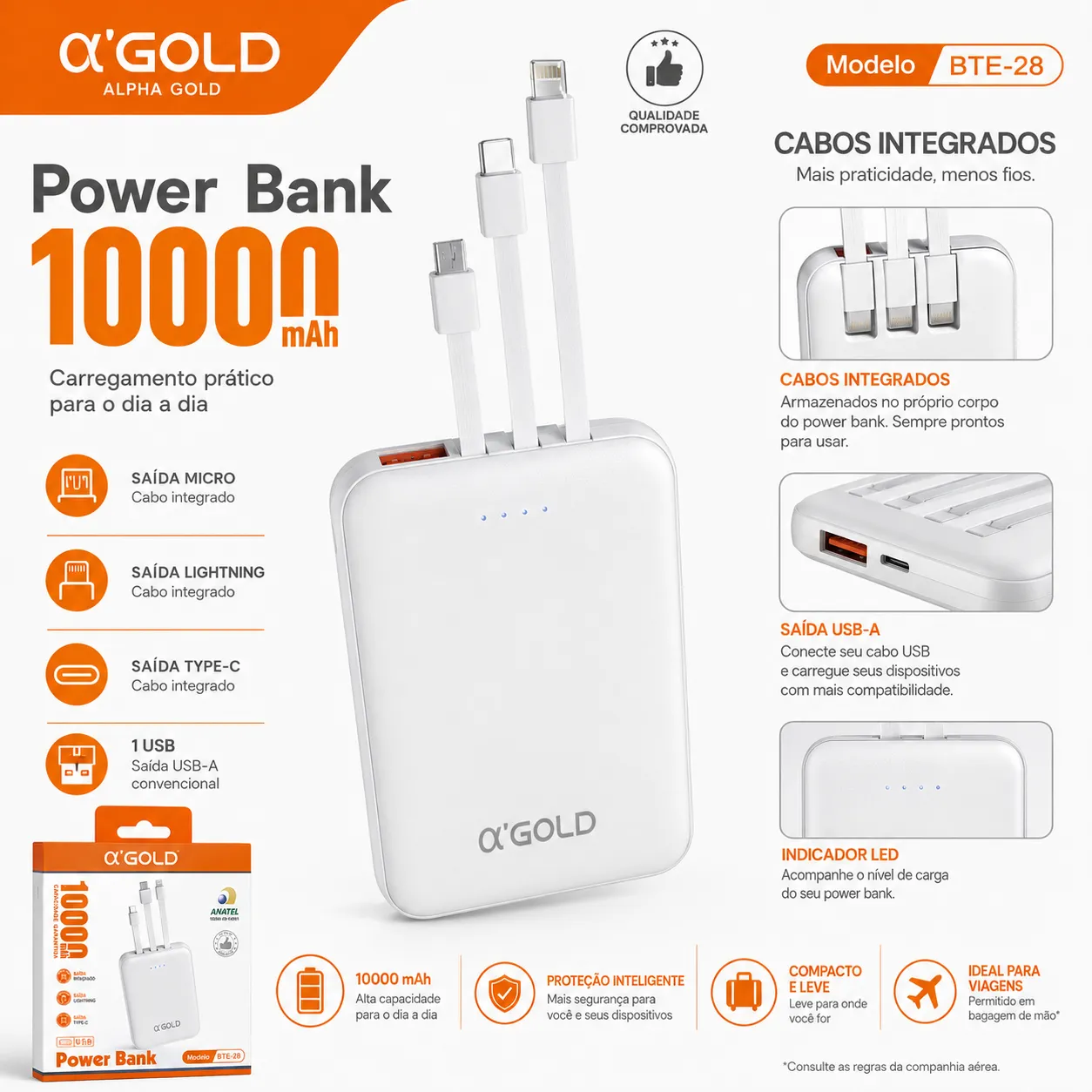 Power Bank α GOLD 10000mAh, carregador portátil com múltiplas entradas
