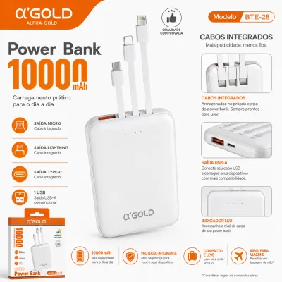 Power Bank α GOLD 10000mAh, carregador portátil com múltiplas entradas