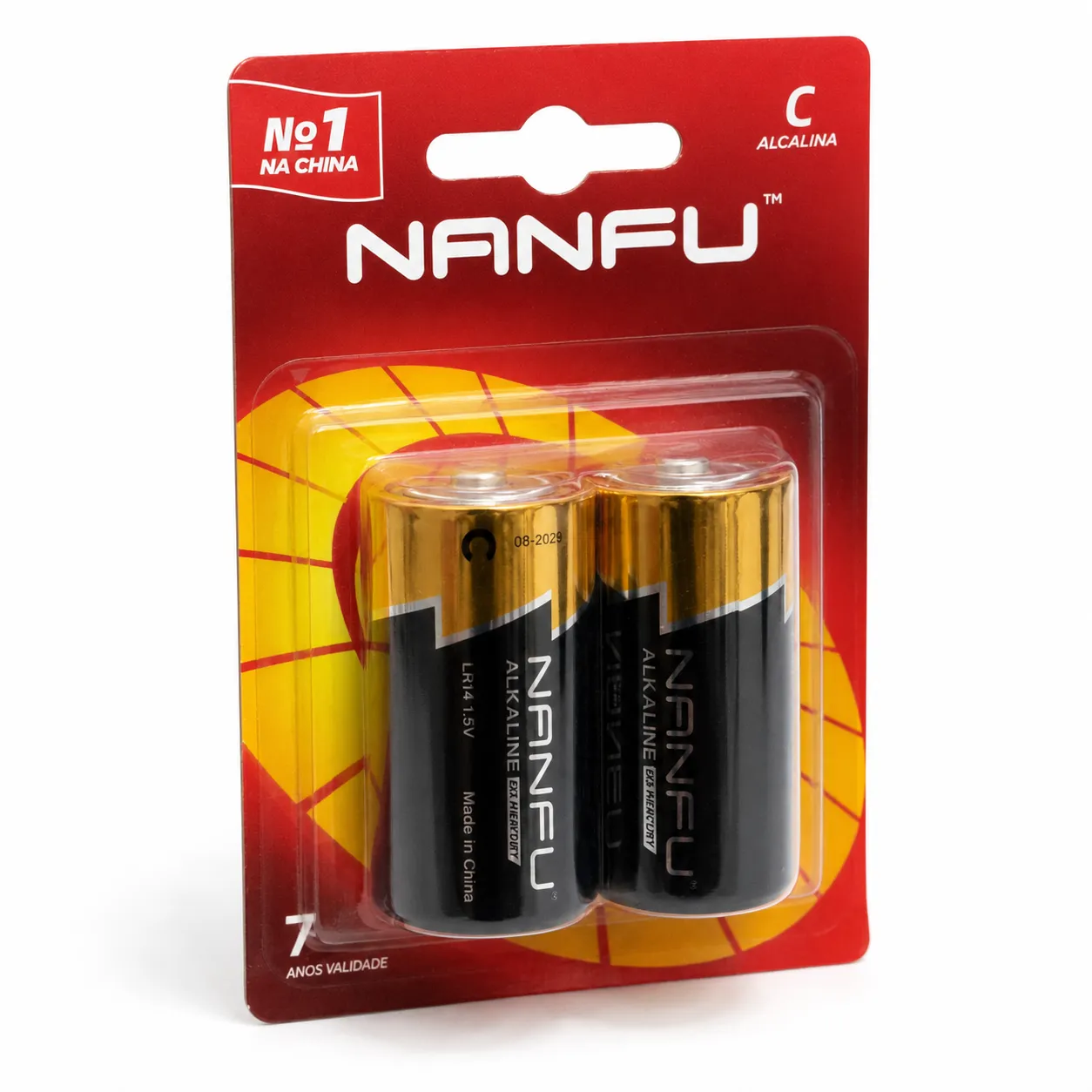 Baterias alcalinas C NANFU, pacote com 2 unidades, ideal para brinquedos e controles remotos.