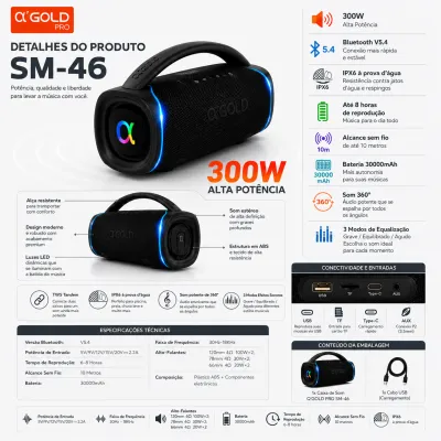 Caixa de som Bluetooth αGOLD PRO SM-46 300W Alta Potência IPX6 8 horas de duração