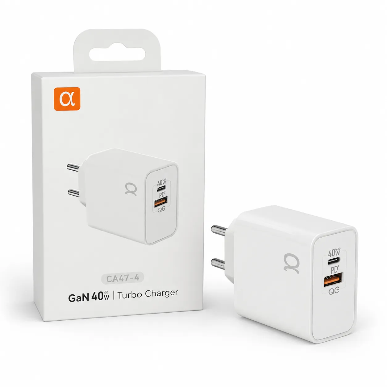 Carregador Turbo GaN 40W da marca α, leve e eficiente, compatível com vários dispositivos