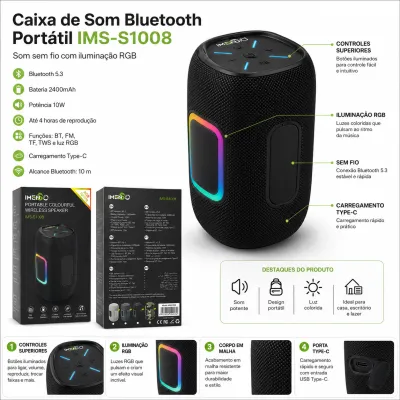 Caixa de Som Sem Fio Portátil IMESO IMS-S1008, Bluetooth Colorido, Recarregável, Ideal para Uso ao Ar Livre