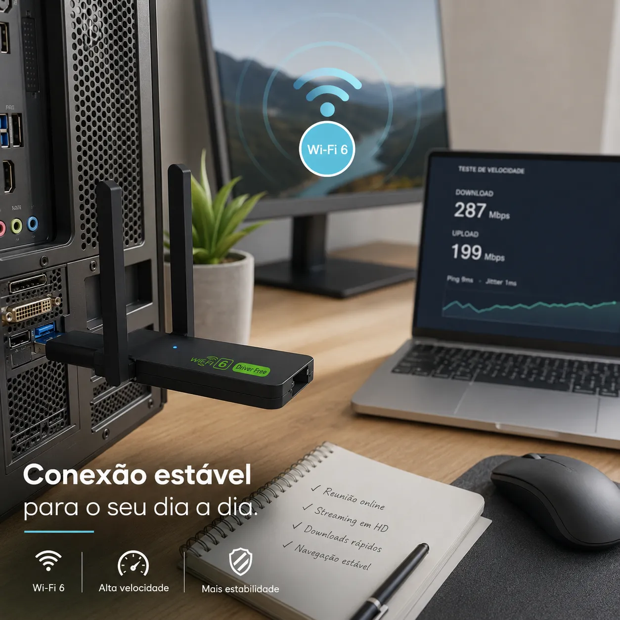 AJ-N44-H USB适配器,双频WiFi 6,支持蓝牙,速度高达1300Mbps