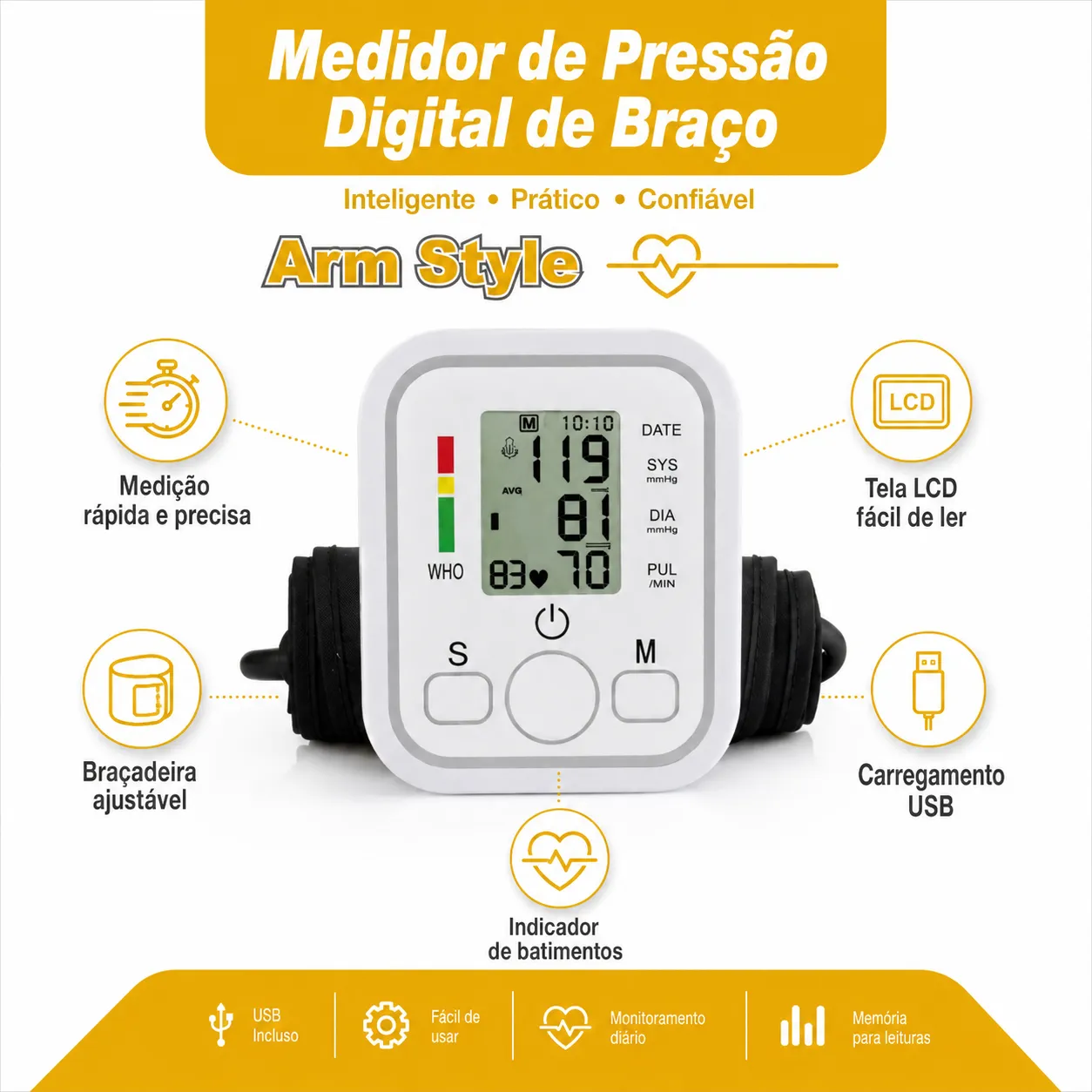 Monitor de Pressão Arterial Eletrônico, Estilo Braço, Microcomputador Inteligente, Alimentação USB, Ideal para Uso Doméstico