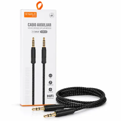 Cabo de áudio AUX 3.5mm αGOLD, preto, qualidade HiFi, compatível com celular e alto-falantes