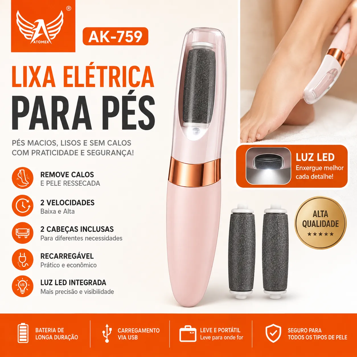 Moedor de pés AK-759, rosa, portátil, elétrico, ideal para uso doméstico