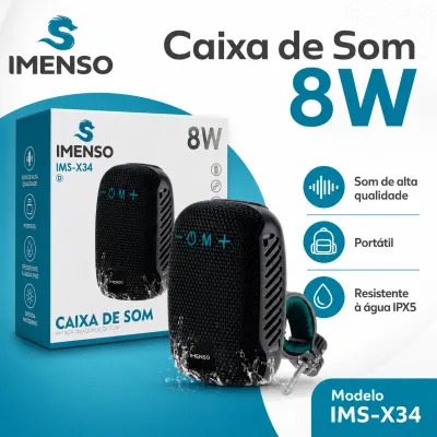 Caixa de som IMENSO IMS-X34 8W, à prova d'água IPX5, design portátil