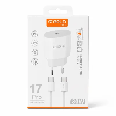 Carregador rápido αGOLD PRO 30W com cabo Type-C, ideal para smartphones e tablets