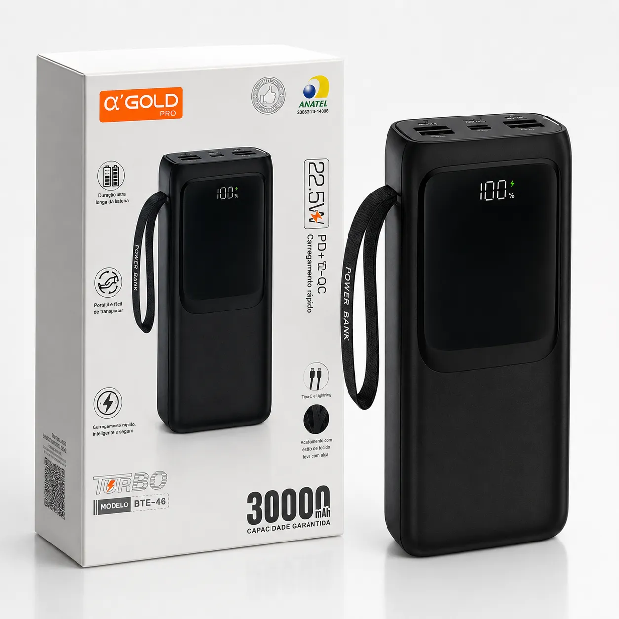 Power Bank αGOLD BTE-46 30000mAh Carga Rápida PD 22.5W Preto