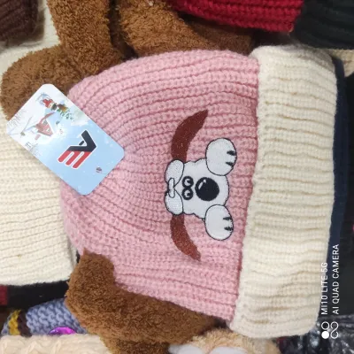 Gorro de lã com bordado de cachorro fofo, rosa, adequado para crianças