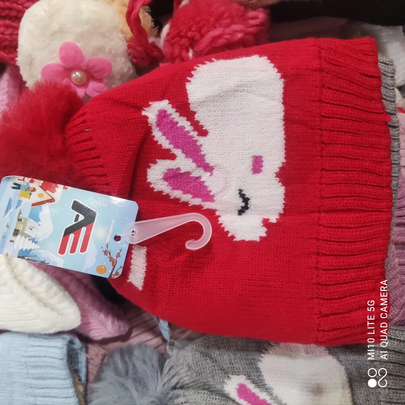 Gorro de lã vermelho com estampa de coelho, ideal para crianças, quente e confortável