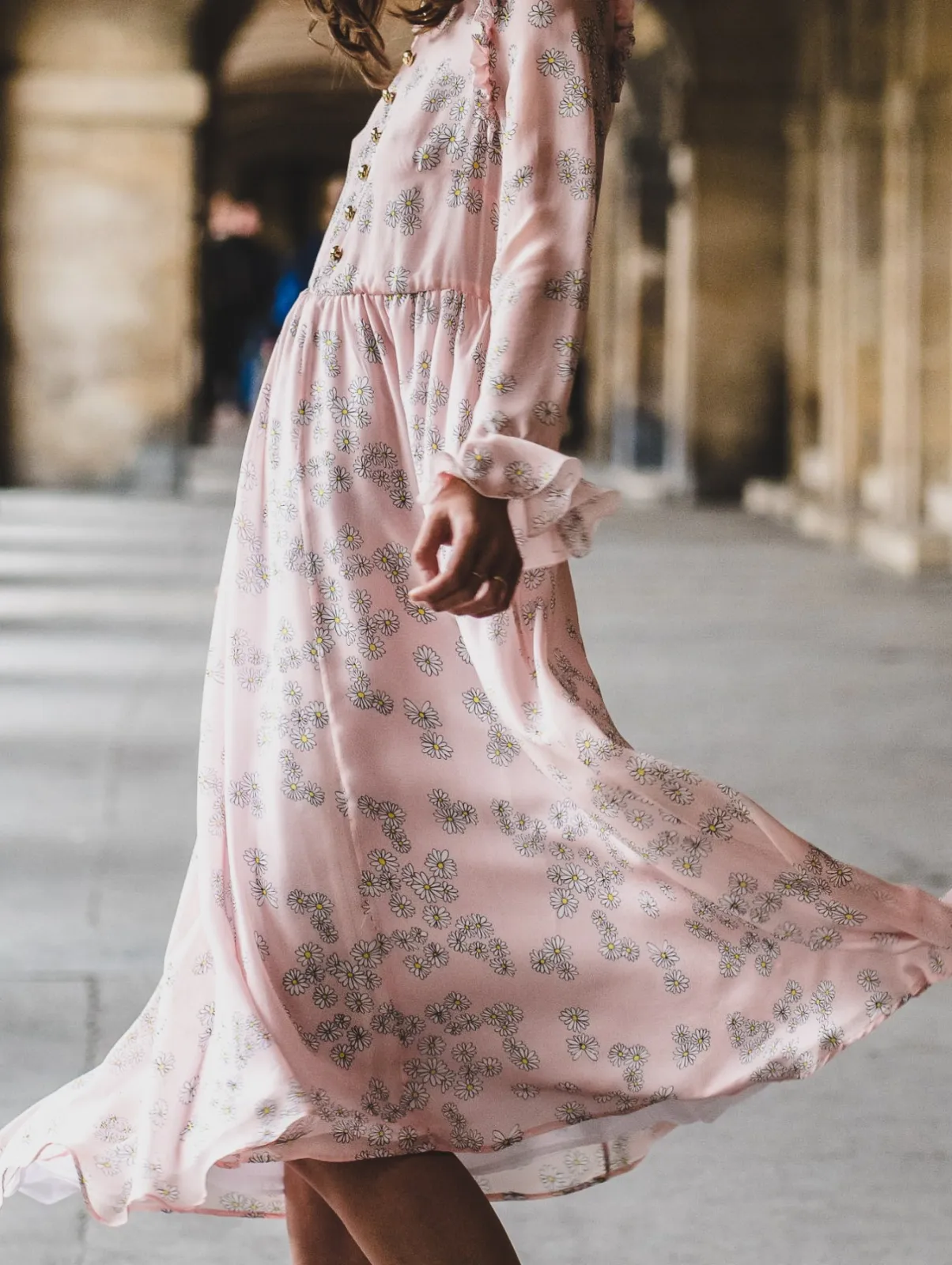 Vestido longo floral rosê manga bufante