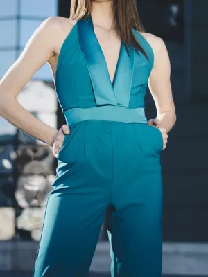 Macacão pantalona turquesa decote V